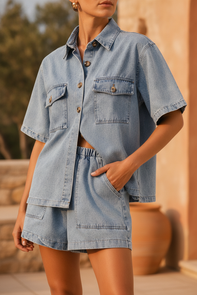 Women's chic blue two-piece set: button-up shirt & high-waist shorts. Perfect for summer casual wear.