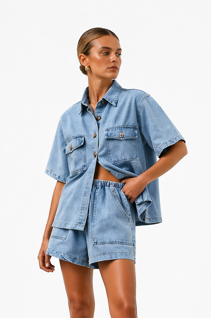 Modern women's blue co-ord set featuring a stylish shirt and high-waist shorts, ideal for chic summer travel.