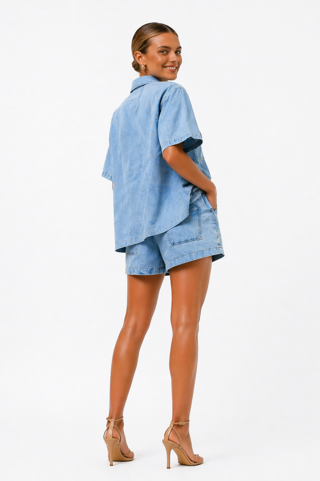 Versatile blue two-piece shirt & high-waist shorts set for women, great for casual chic or everyday summer wear.