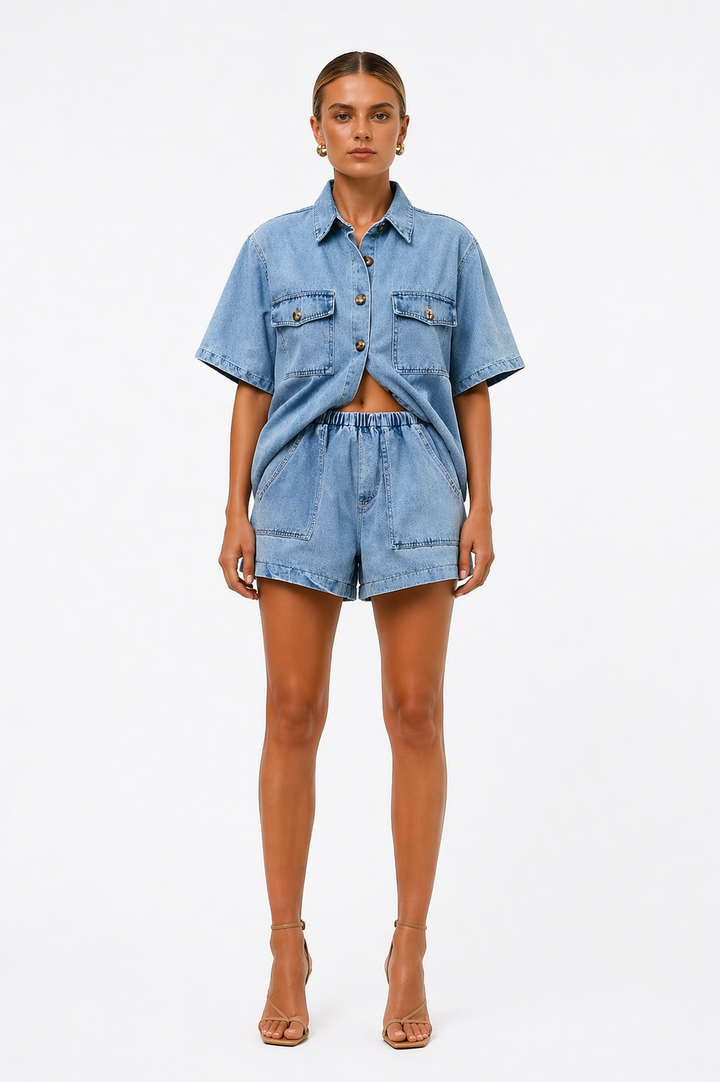 Women's blue two-piece shirt & high-waist shorts co-ord set. Chic, casual, and perfect for summer fashion.