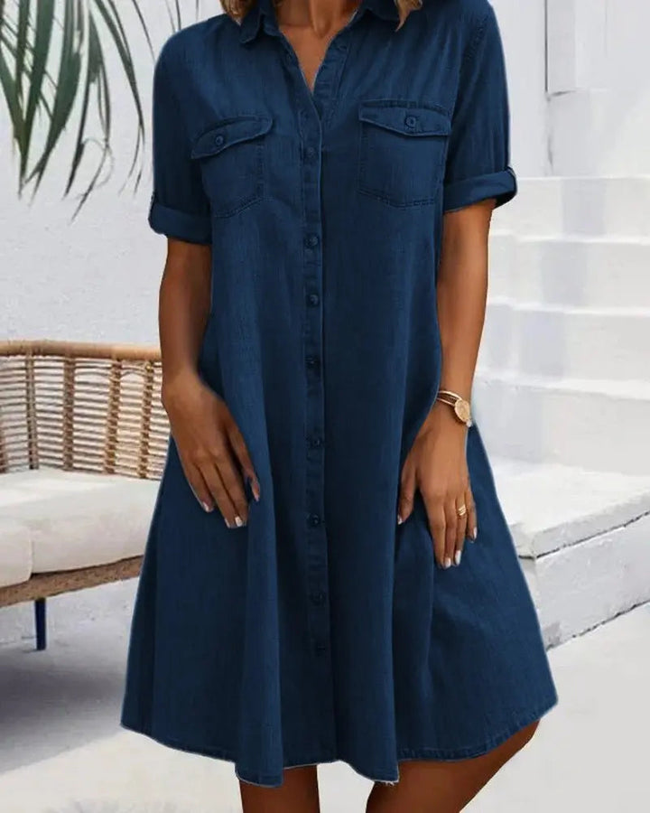 Versatile women's short sleeve button-down shirt dress, ideal for everyday wear, chic summer outfits & comfort.