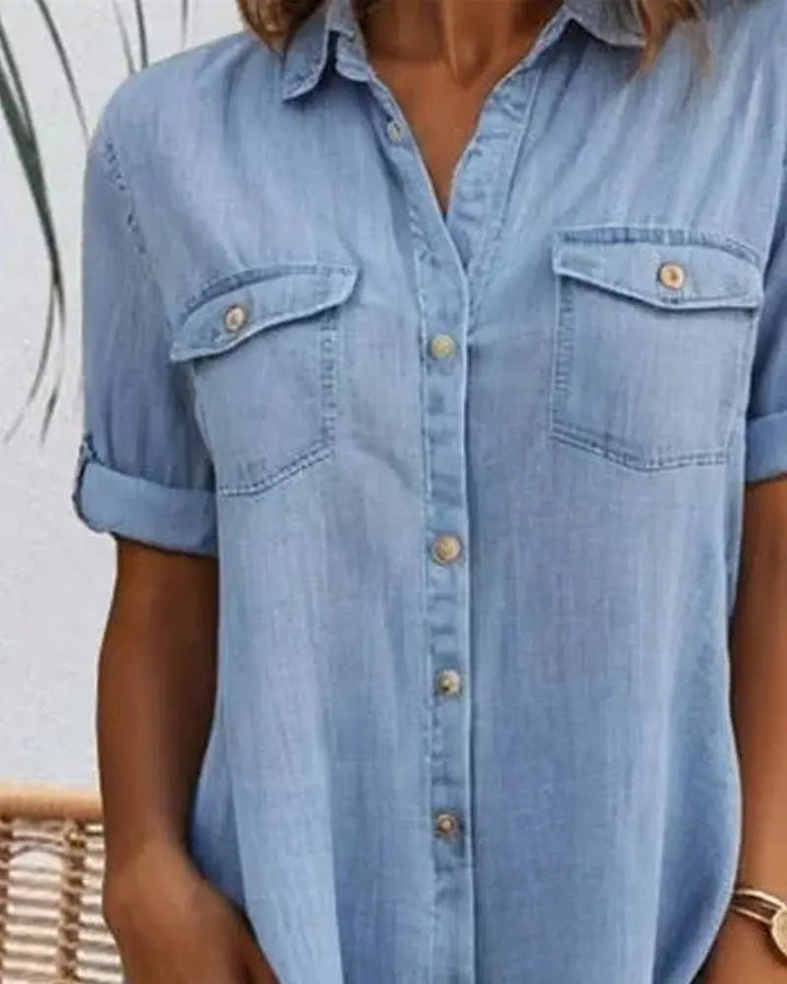 Stylish women's button-down dress with short sleeves & a relaxed, comfortable fit for summer casual elegance.