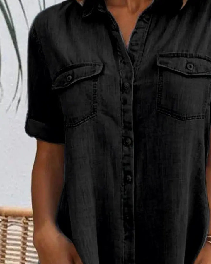 Model in chic women's short sleeve button-down shirt dress, showcasing its relaxed fit for summer comfort.
