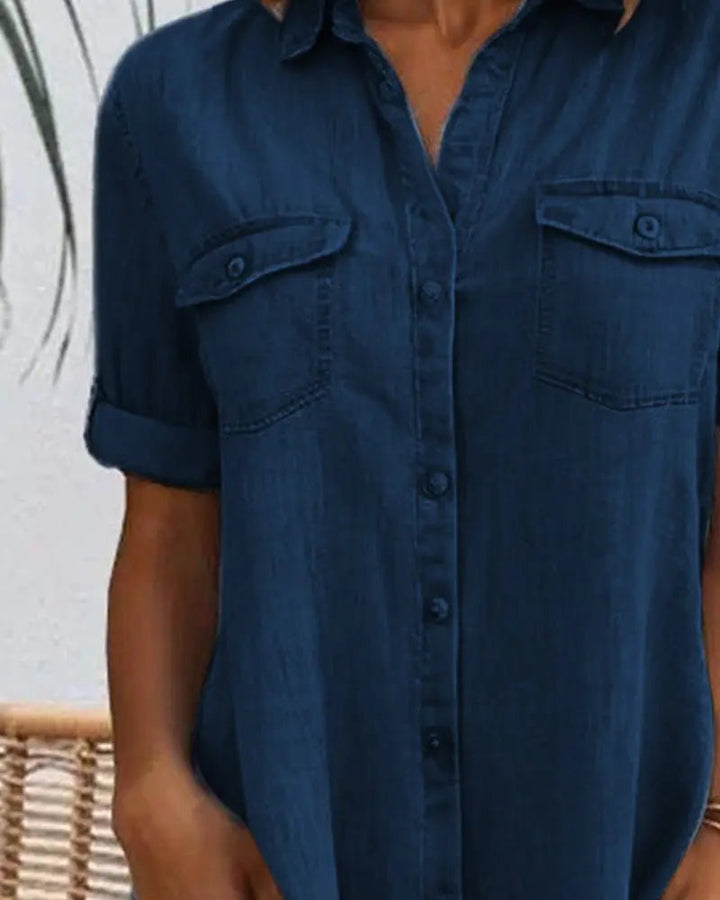 Classic women's collared shirt dress, button-down with short sleeves, an essential for casual summer style.