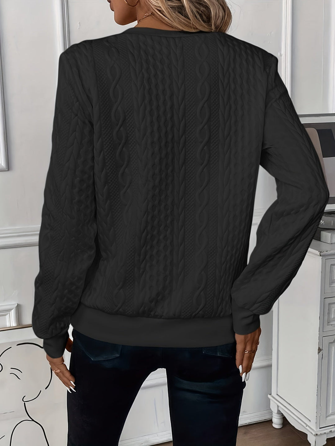 Warm women's cable knit zip-up jumper, featuring a cozy high collar for winter.