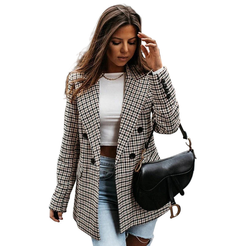 Stylish women's checked blazer, a versatile jacket for professional attire, office wear, or smart casual outfits.
