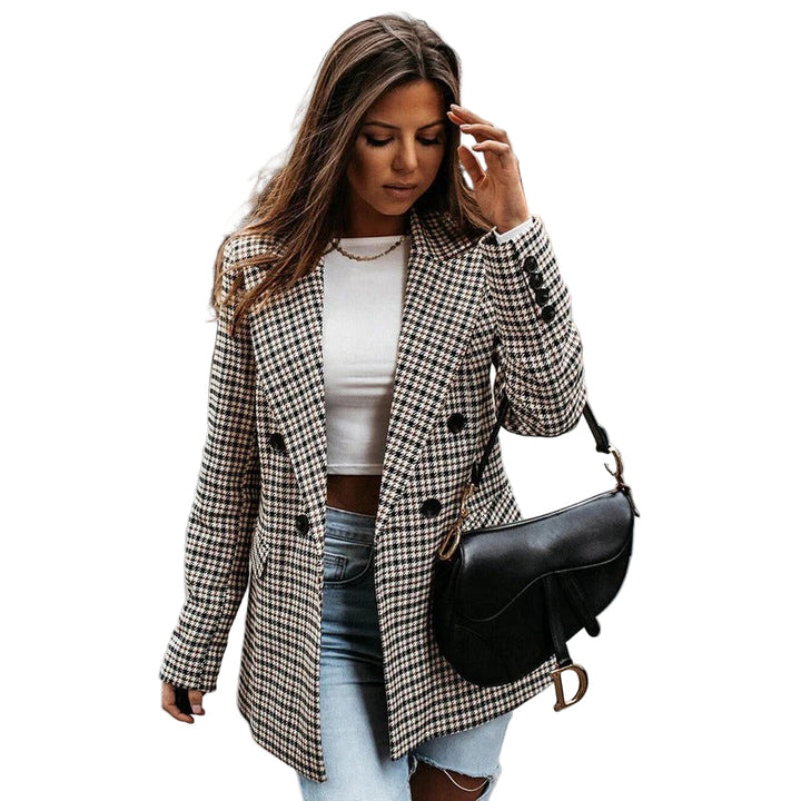 Stylish women's checked blazer, a versatile jacket for professional attire, office wear, or smart casual outfits.