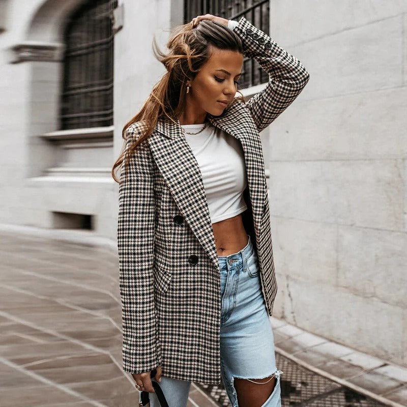 Elegant women's checked blazer in a classic pattern, offering effortless style for spring, autumn & office wear.
