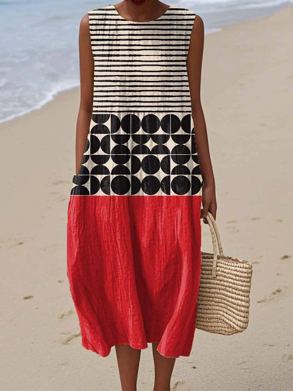 Women's chic colorblock sleeveless midi dress. Elegant casual summer outfit, versatile women's fashion apparel.