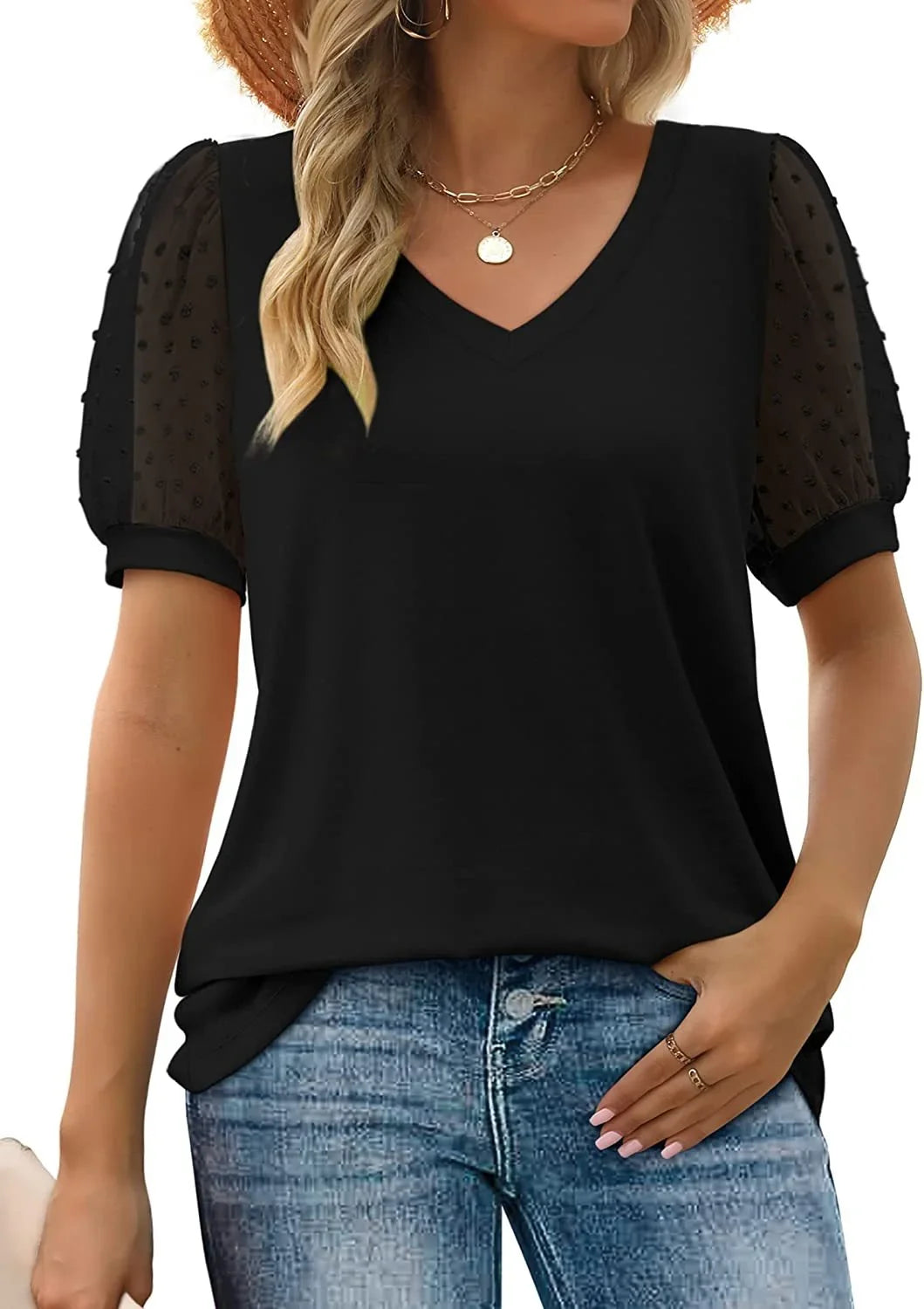 Casual yet chic women's dotted puff-sleeve top; perfect V-neck blouse.