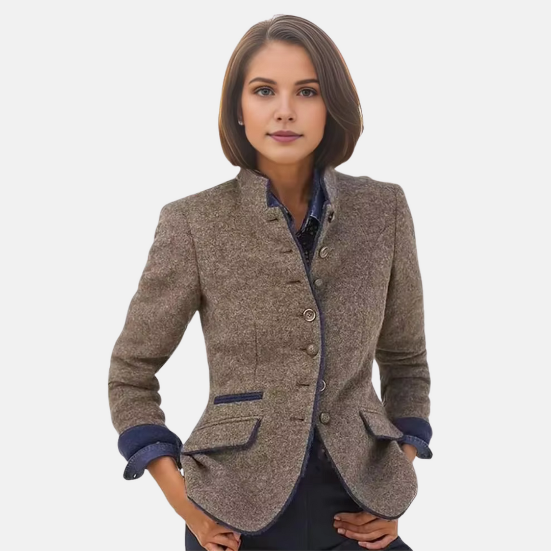 Women's chic fitted collarless blazer jacket with button front, ideal for professional office wear & elegant style.