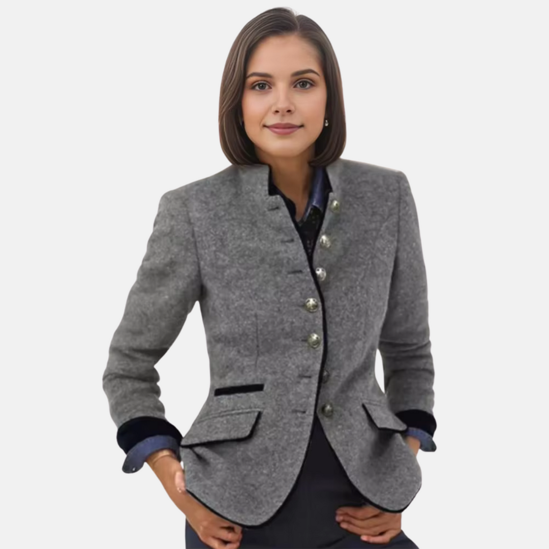 Elegant women's fitted button-front blazer jacket. Versatile fashion outerwear for office, spring, or fall.