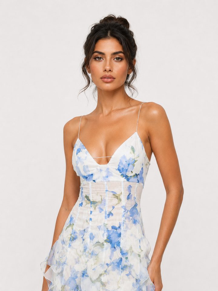 Elegant women's floral ruffle maxi dress, perfect for stylish summer parties & special occasions. Feminine chic design.