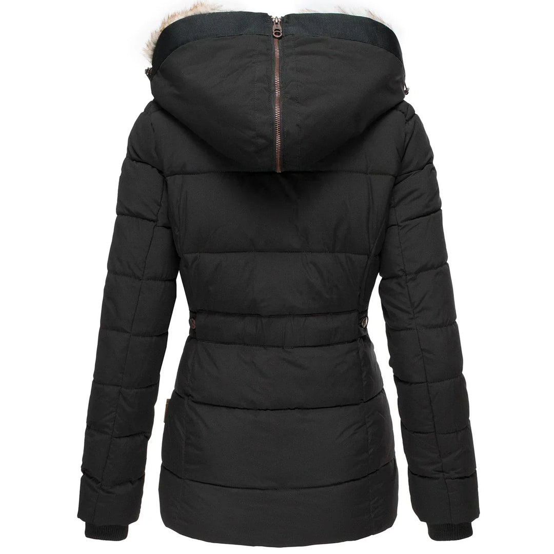 Cozy fur-lined womens coat, perfect fashion outerwear for cold weather.