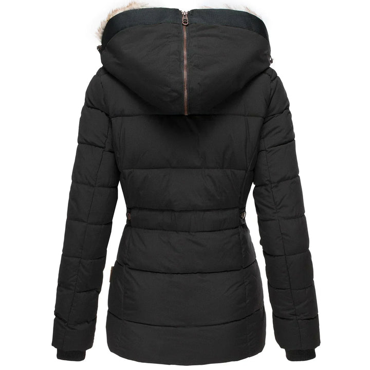 Cozy fur-lined womens coat, perfect fashion outerwear for cold weather.