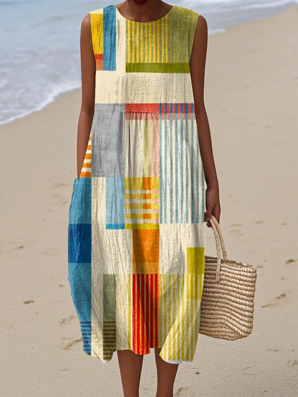 Women's chic geometric print sleeveless midi dress, perfect for effortless summer casual wear and comfort.