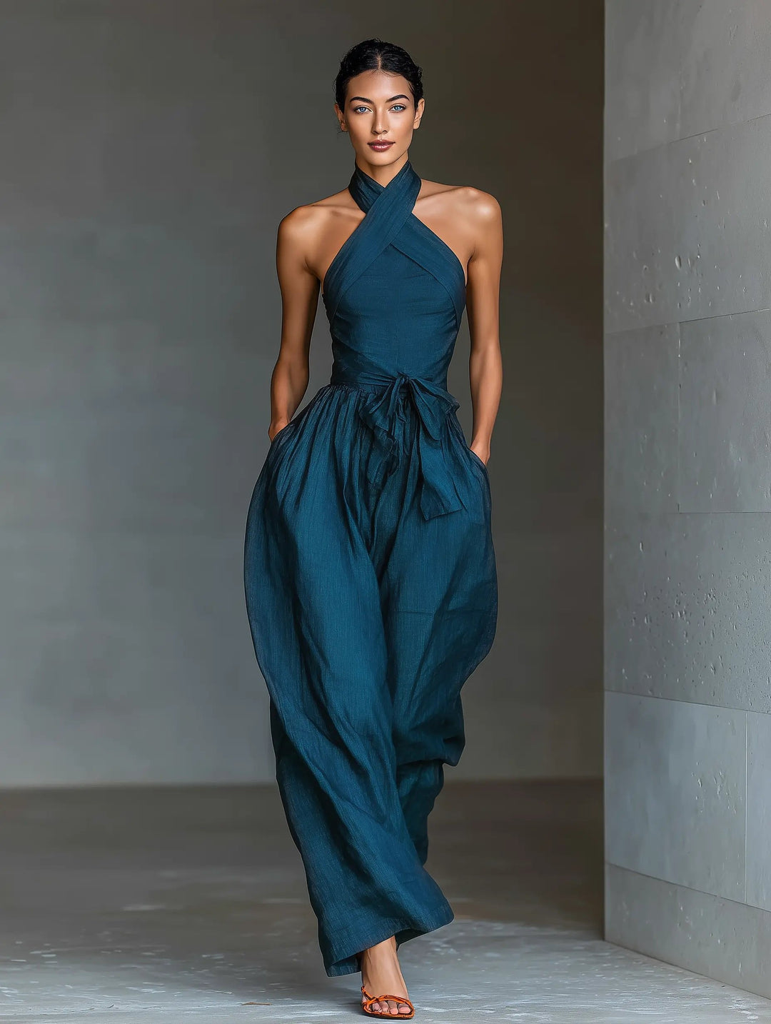 Sleeveless women's halter jumpsuit with wide legs. Elegant design for casual or formal summer events.