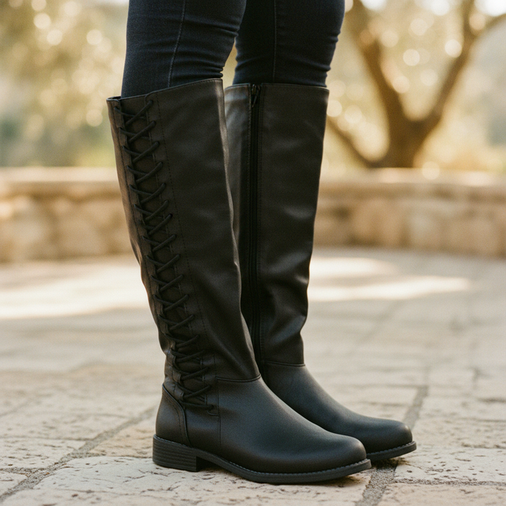 Women's chic knee-high lace-up boots with convenient side zip, perfect for versatile autumn and winter fashion.