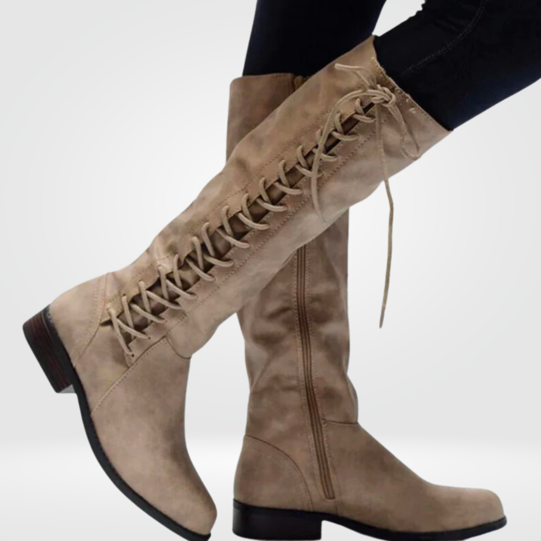 Comfortable women's brown knee-high lace-up boots, versatile for autumn fashion and winter outfits.
