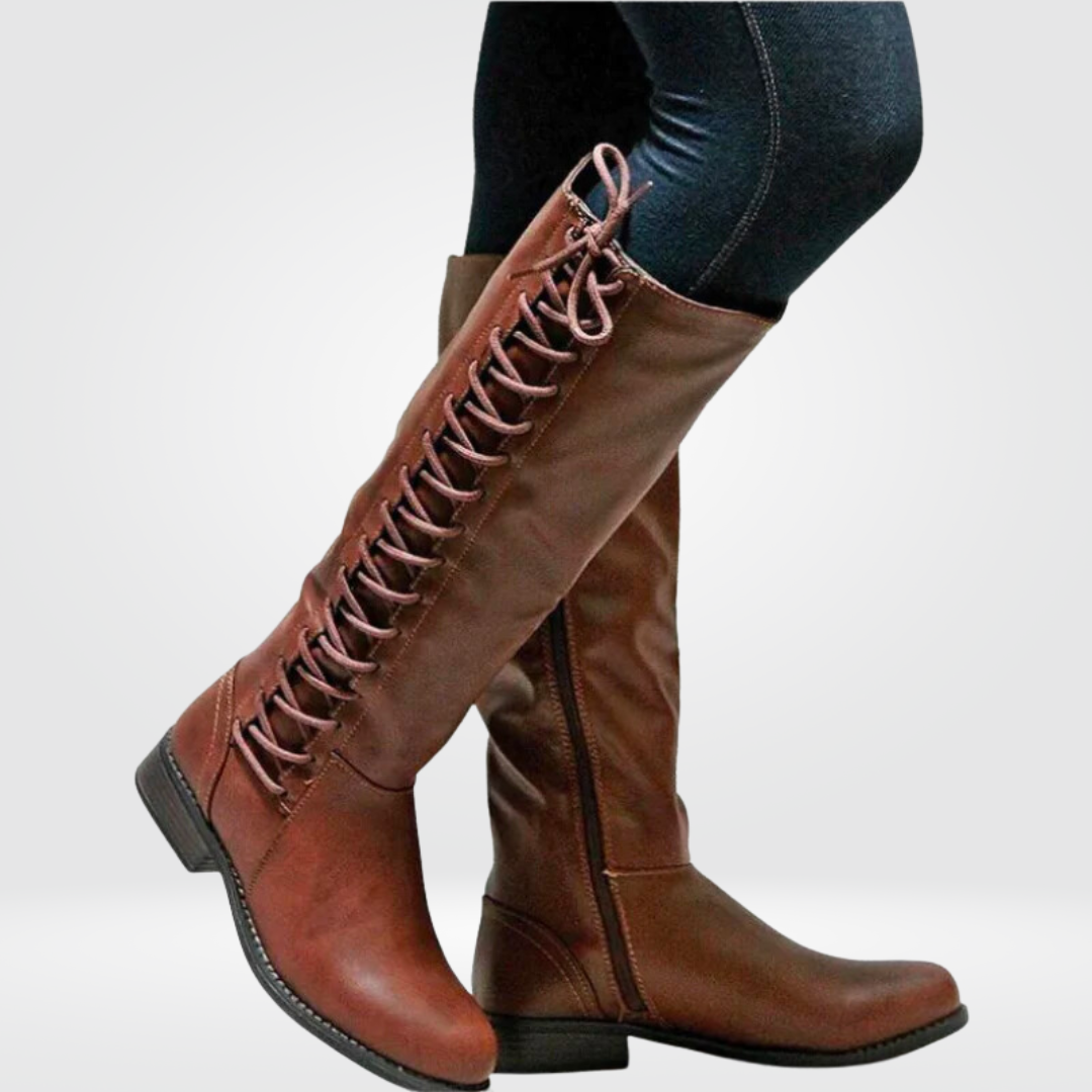 Versatile women's beige knee-high boots featuring chic lace-up design & side zip, essential for cool weather fashion.