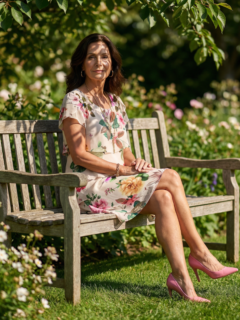 Versatile women's short sleeve knee-length dress. Chic petal print, round neck, & relaxed fit for casual everyday wear.