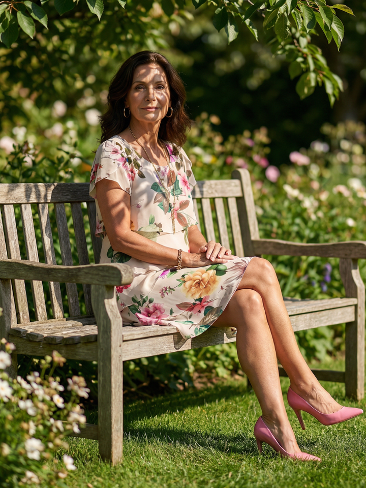 Versatile women's short sleeve knee-length dress. Chic petal print, round neck, & relaxed fit for casual everyday wear.