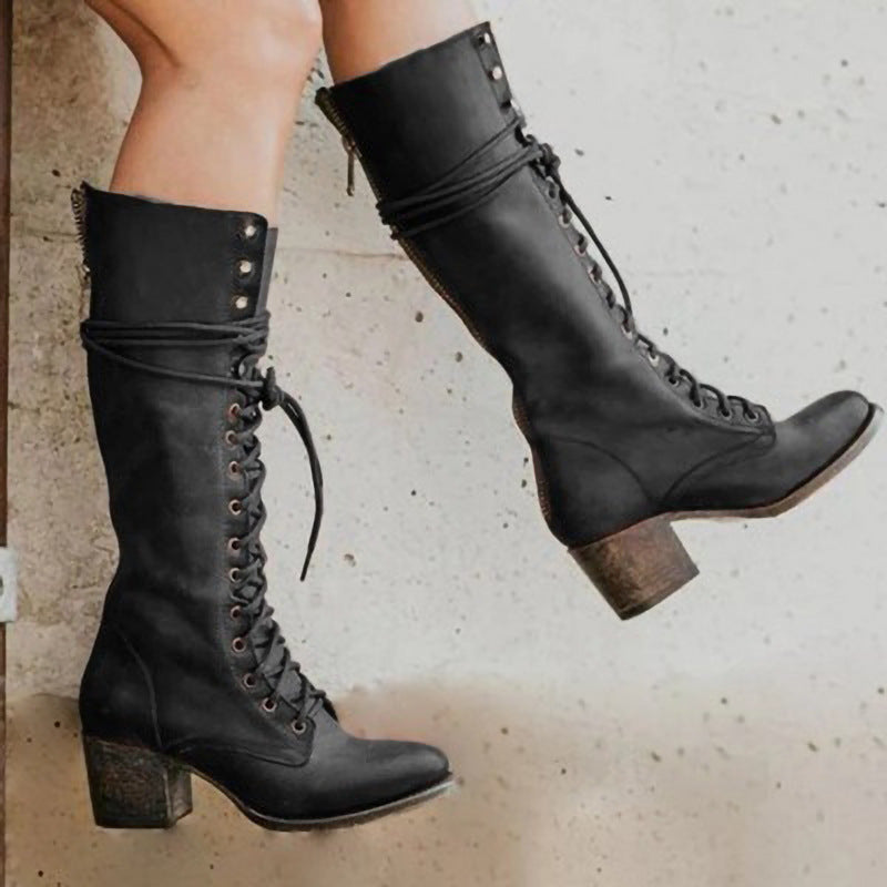Stylish women's lace-up tall boots, offering a chic and fashionable look for any outfit.