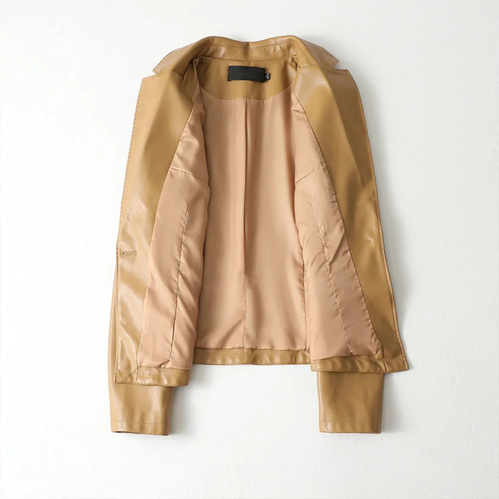 Women's chic lamb leather one-button blazer in elegant camel, perfect for versatile fashion.