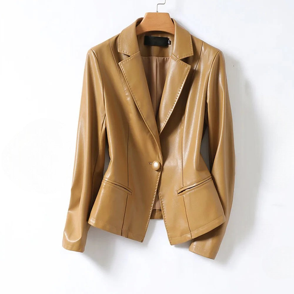 Chic women's leather jacket featuring a sophisticated shawl collar and a sleek one-button closure.