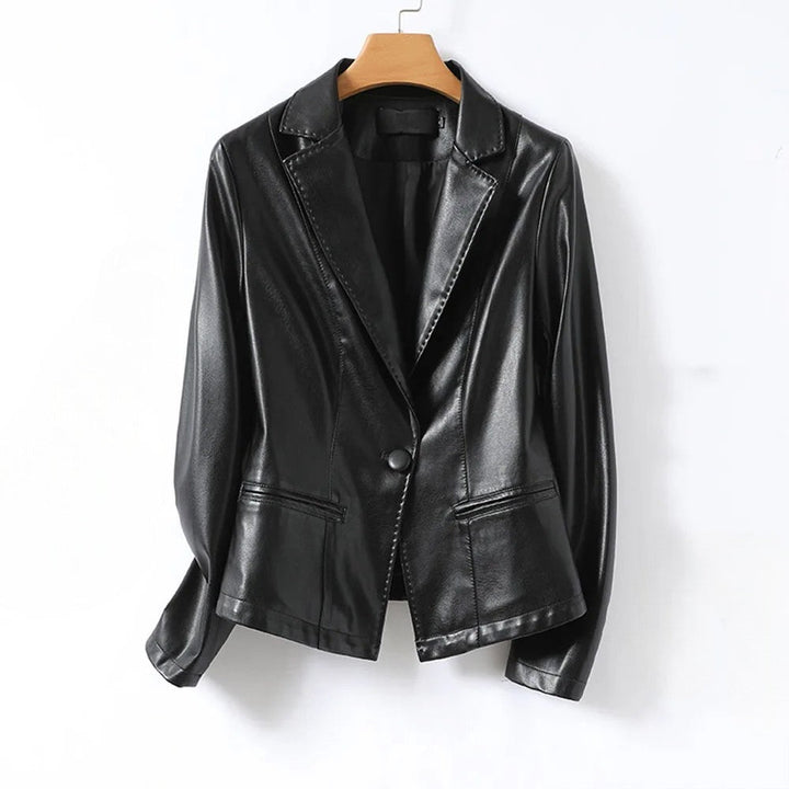 Versatile lamb leather blazer for women, offering an elegant outerwear option in black.