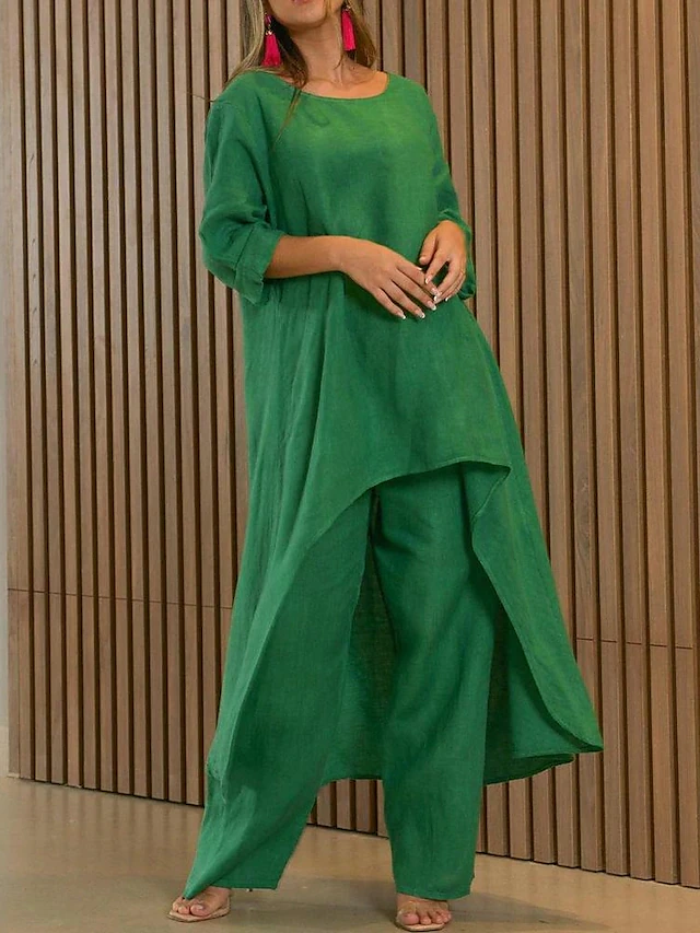 Stylish women's weekend wear two-piece outfit. Chic long-sleeve top & wide-leg pants. Ideal for casual relaxation.