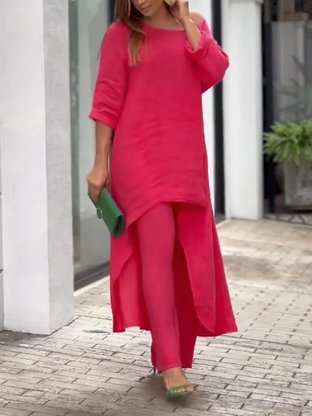 Effortless chic women's two-piece set. Stylish long-sleeve top & wide-leg pants for comfortable weekend relaxation.