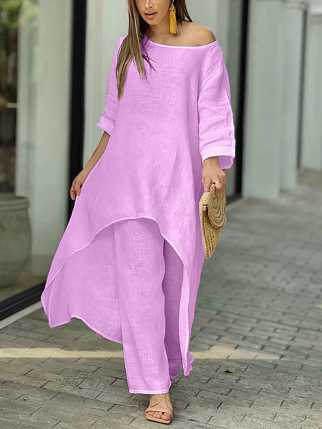Women's comfortable two-piece outfit. Stylish long-sleeve top & wide-leg pants. Effortless chic for casual wear.