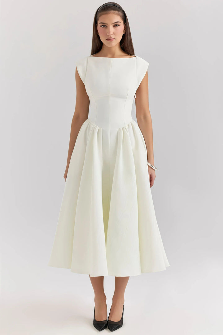Elegant backless midi dress for women, featuring chic ruffles and a flattering fit.