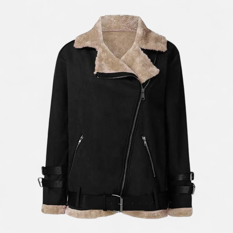 Women's chic moto winter coat. Luxurious, warm, and stylish outerwear for elegant cold-weather fashion.