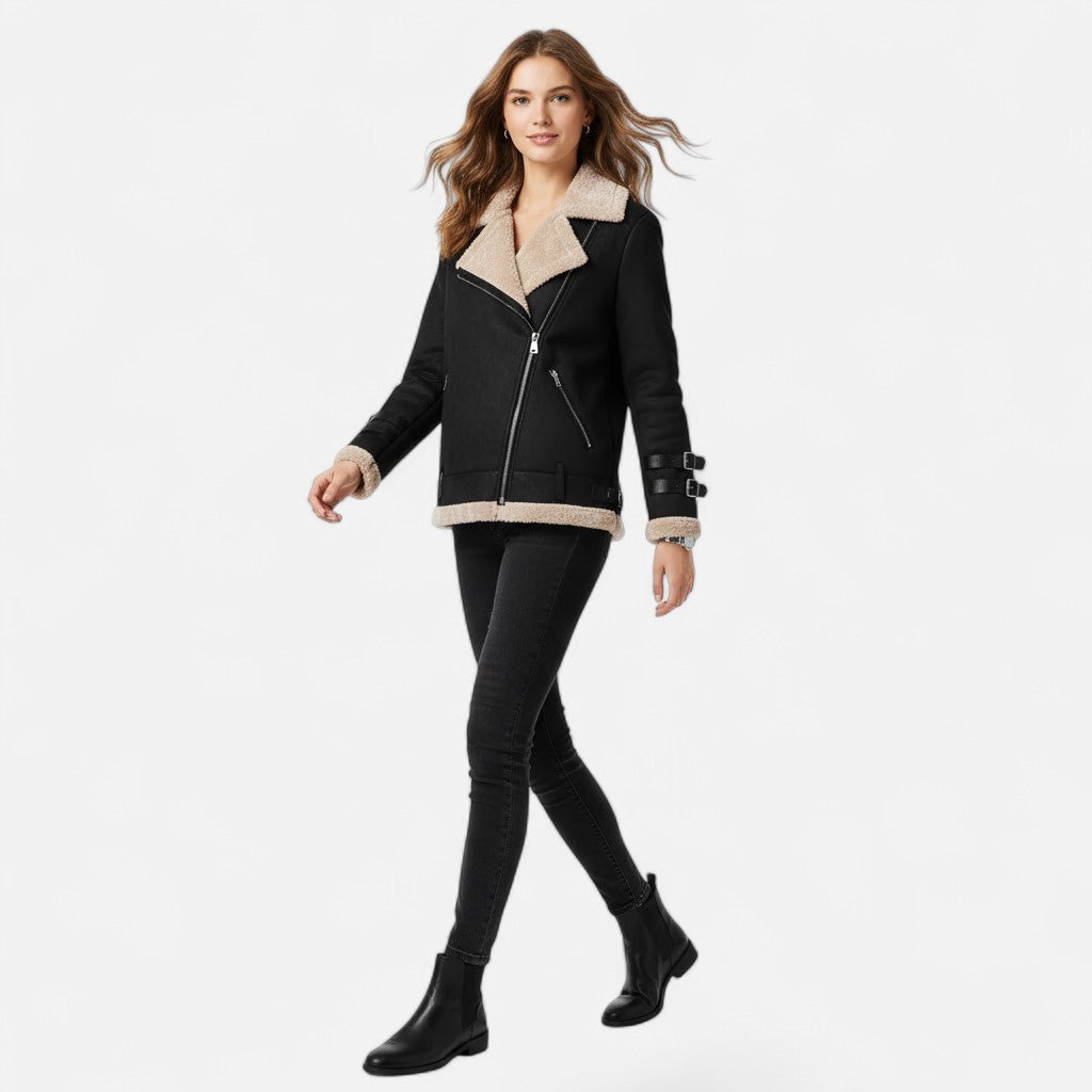 Stylish women's moto winter coat with chic design, perfect for elegant autumn and winter fashion outerwear.