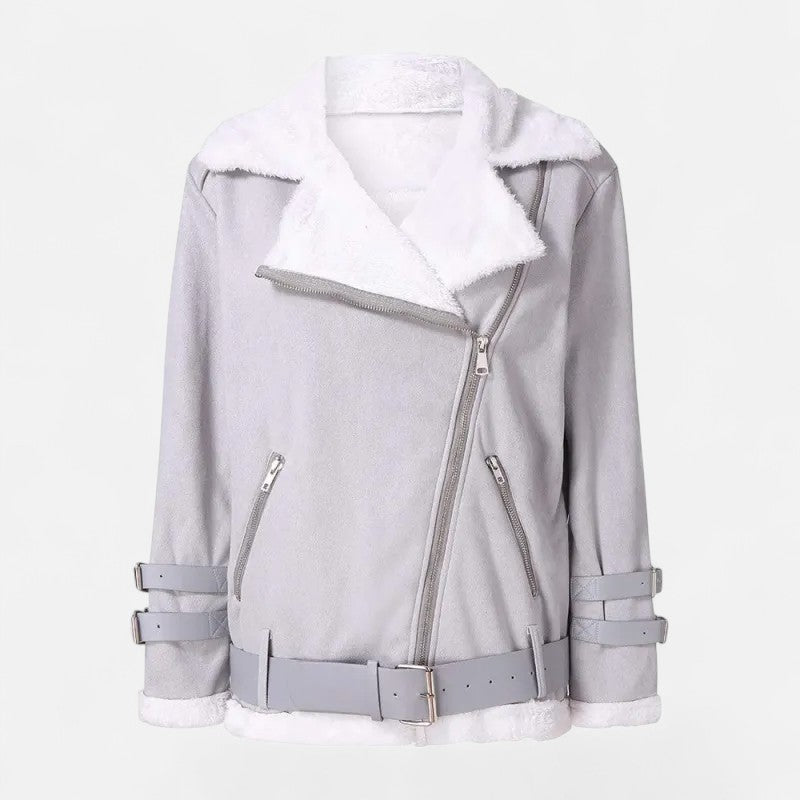 Elegant women's luxury winter coat. Chic moto design for a sophisticated and warm autumn/winter fashion statement.