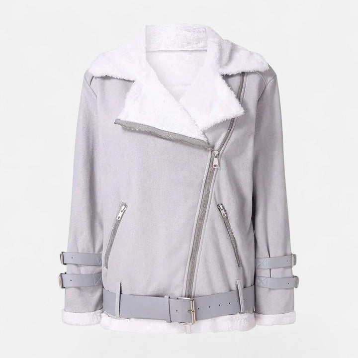 Elegant women's luxury winter coat. Chic moto design for a sophisticated and warm autumn/winter fashion statement.