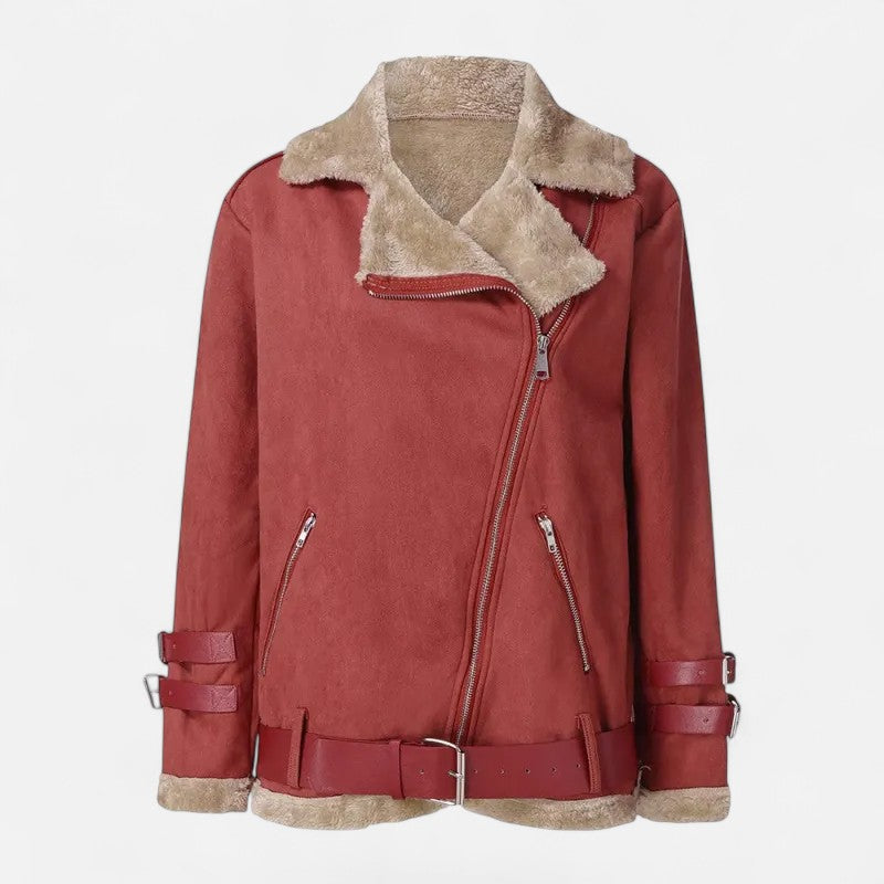 Luxurious women's chic moto winter coat, a premium warm jacket for elegant cold-weather women's fashion.