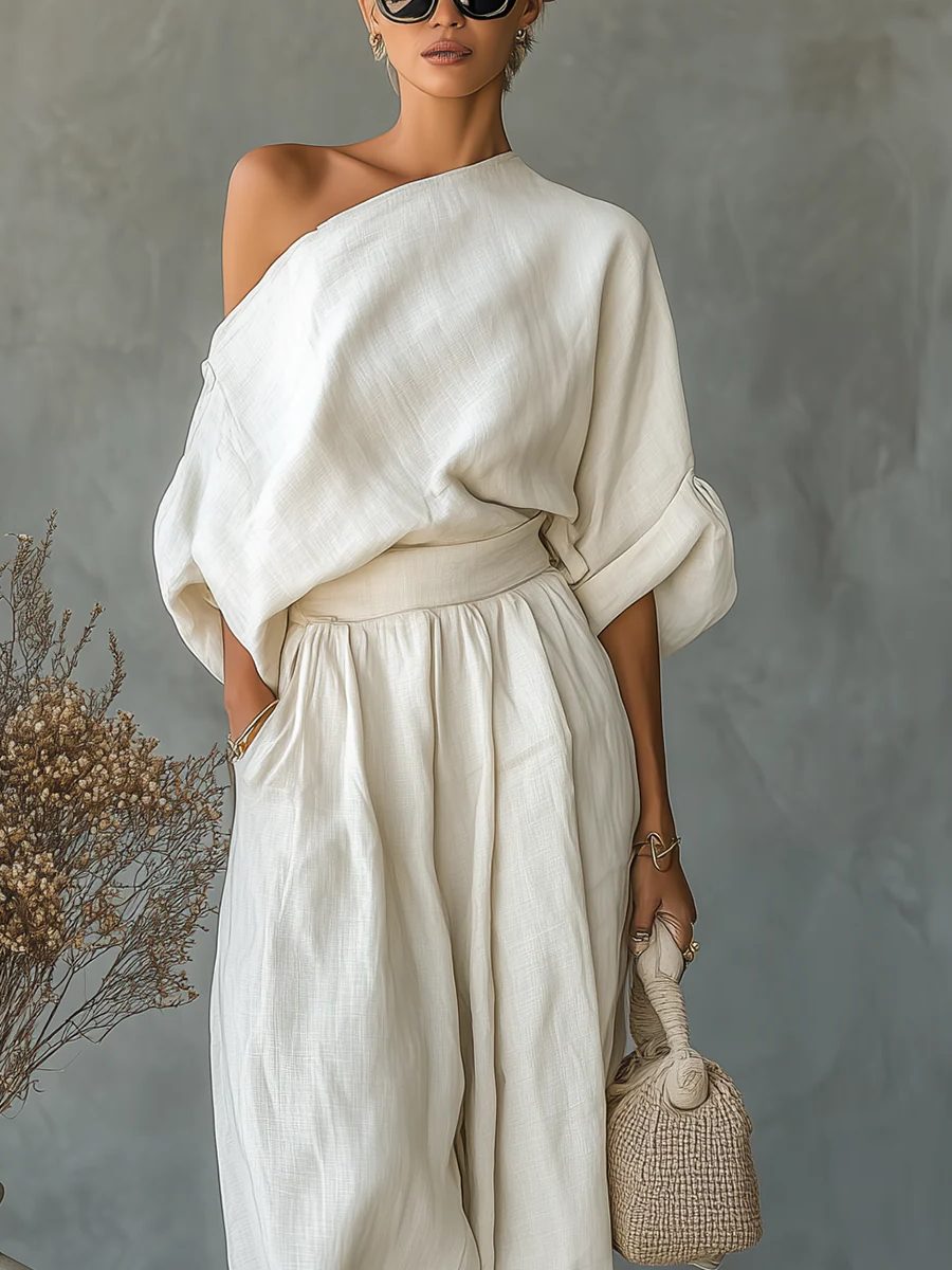 Versatile women's off-shoulder two-piece pant set with comfortable tapered trousers for casual chic style.