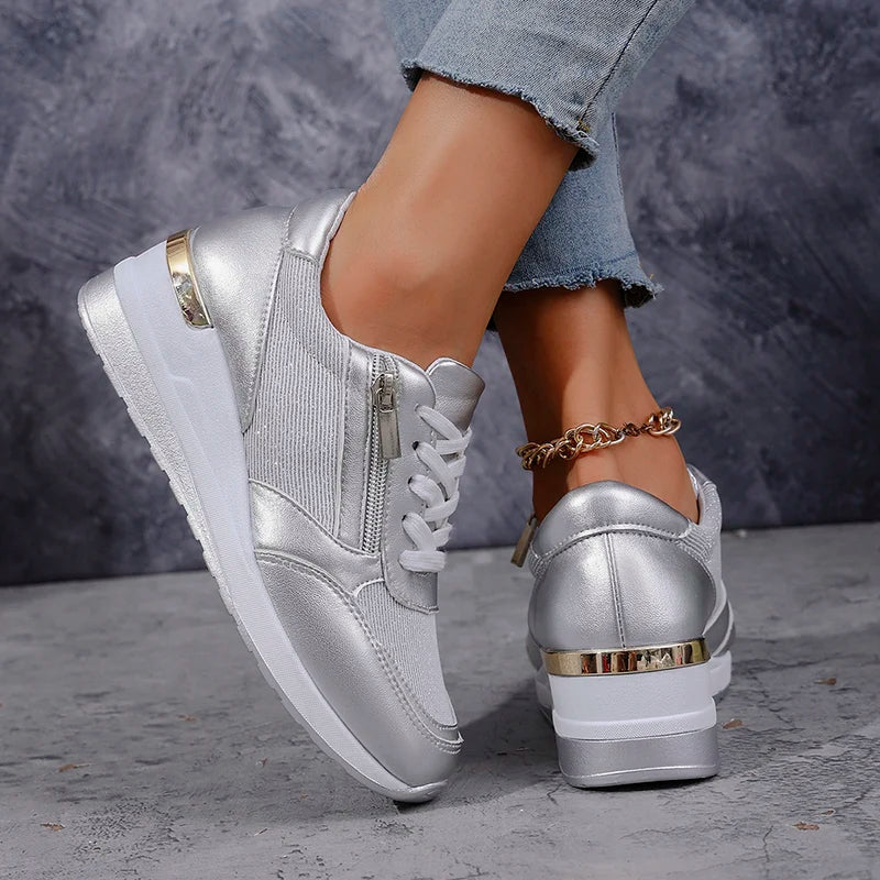 Women's Chic Orthopaedic Platform Trainers, stylish & comfortable casual shoes, available in metallic gold/silver.