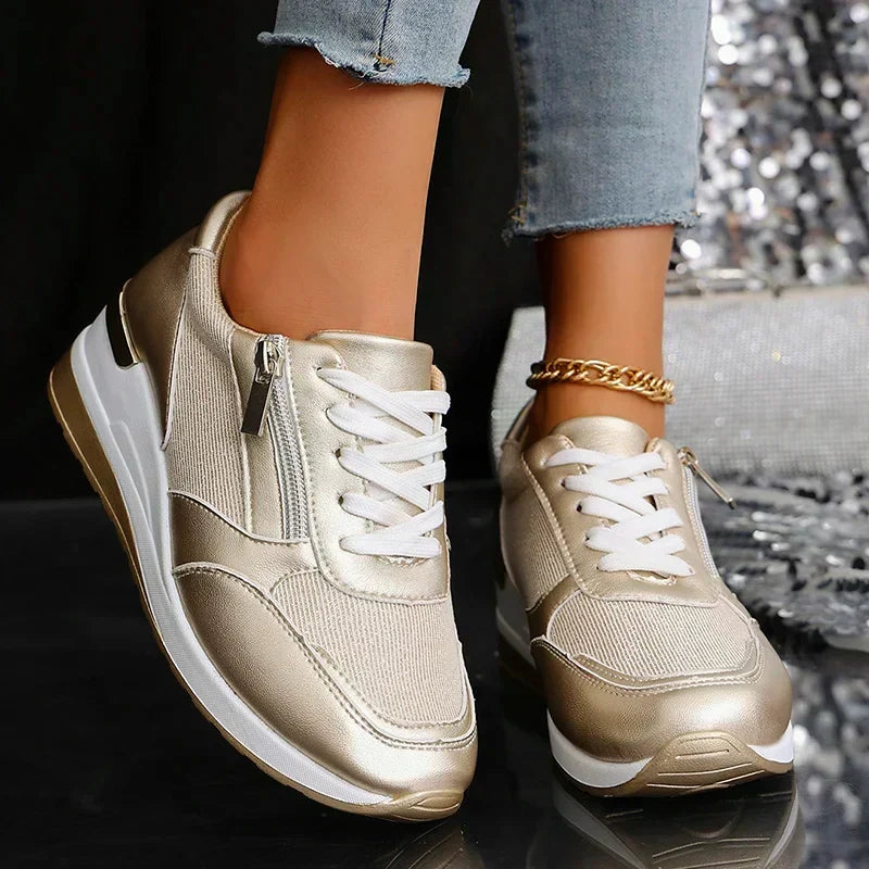 Women's lace-up platform trainers with zip detail, orthopaedic support, metallic finish, fashionable.