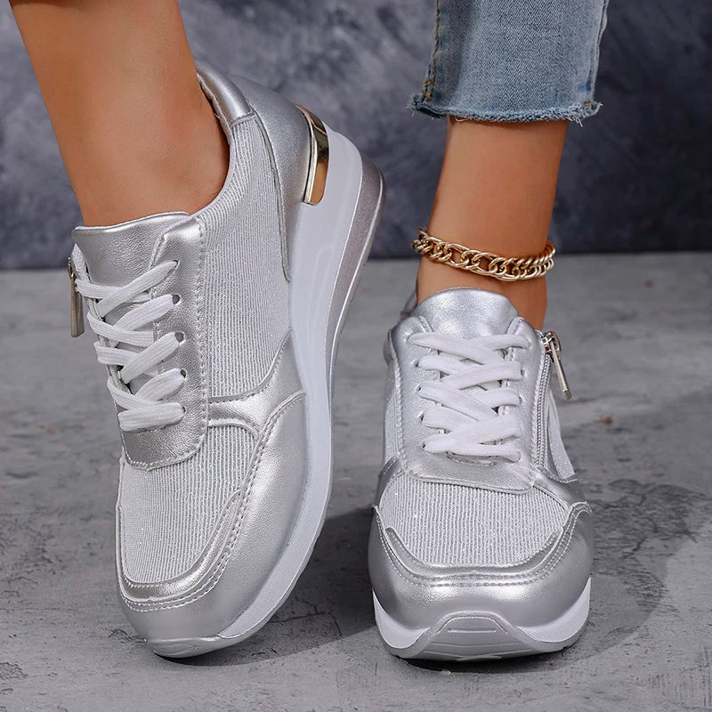 Side view: women's orthopaedic platform trainers, sleek metallic design, comfortable & stylish casual shoes.