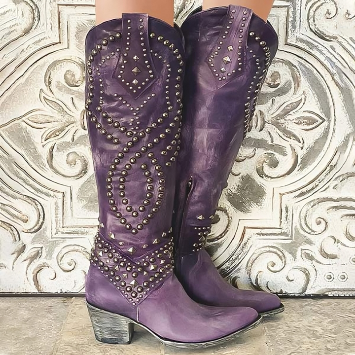 Women's chic orthopedic knee-high boots with a pointed toe and block heel, perfect for fall and winter comfort.