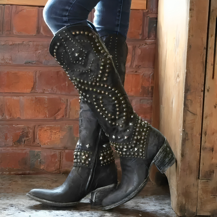Stylish women's knee-high boots featuring a chic pointed toe, sturdy block heel, and orthopedic comfort for ladies.