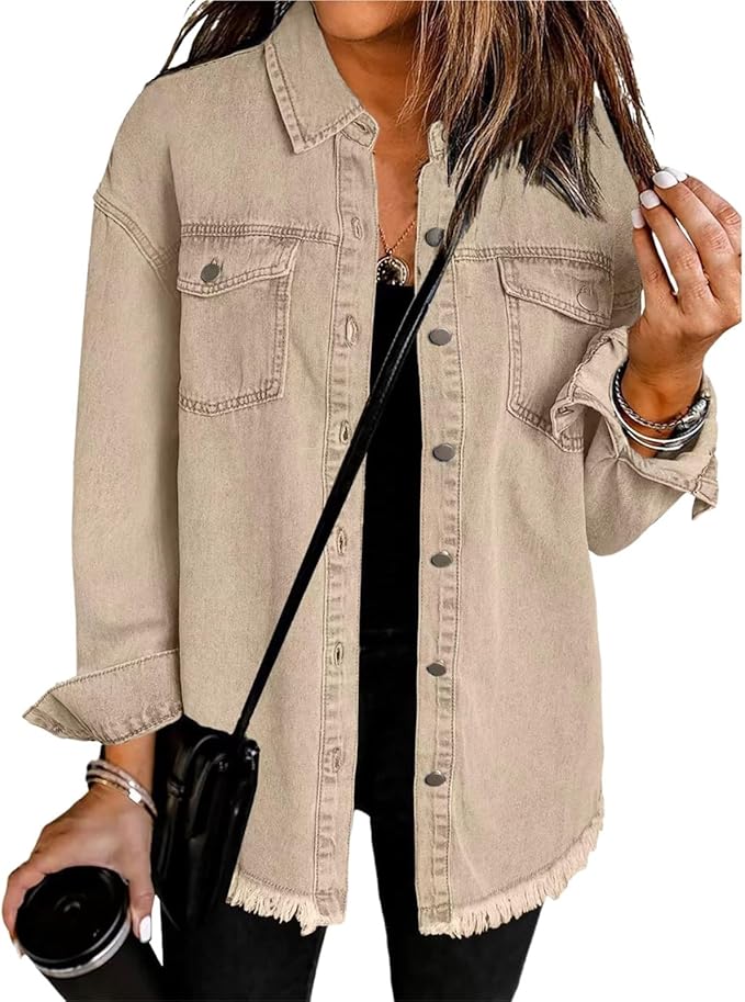 Loose fit women's oversized button front jacket, comfortable and chic for everyday casual fashion.