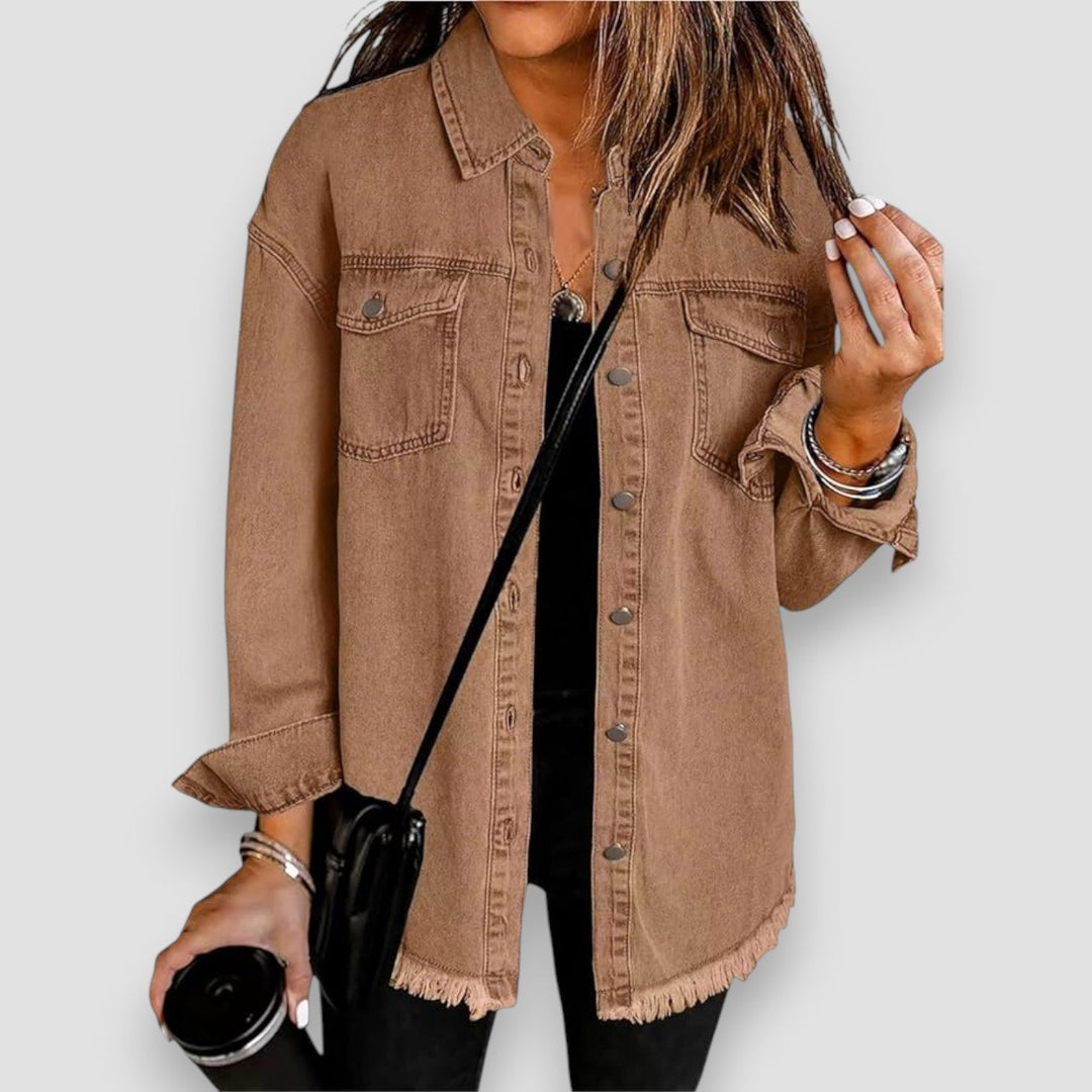 Chic women's oversized button front jacket, a trendy piece for effortless casual outerwear fashion.