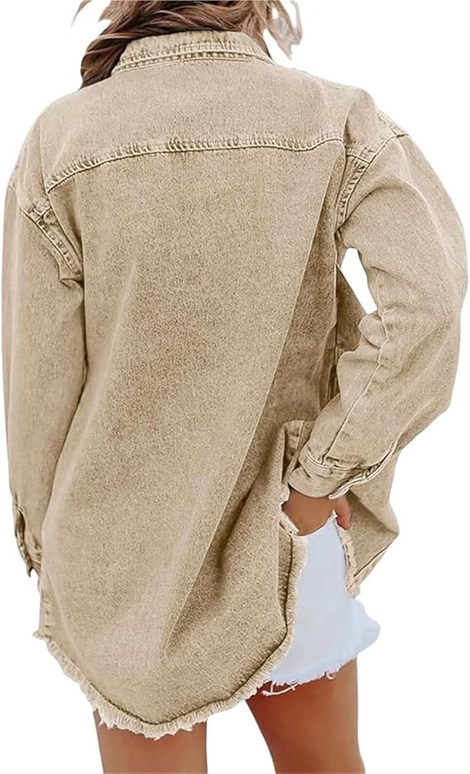 Fashionable women's oversized button front jacket with drop shoulder, a chic loose fit outerwear piece.