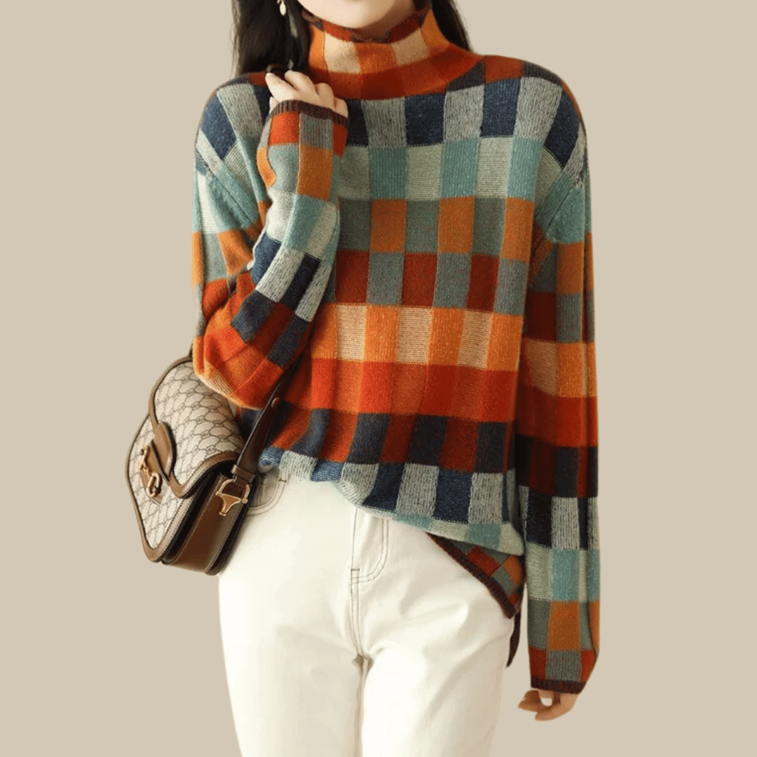 Women's chic patchwork turtleneck sweater, long sleeve for elevated autumn/winter style.