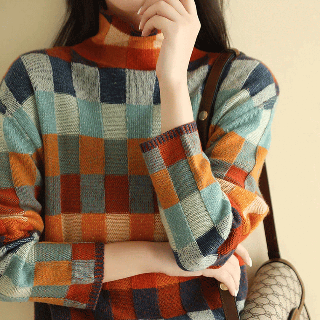 Women's comfy turtleneck sweater with unique patchwork design, perfect for chic autumn/winter looks.